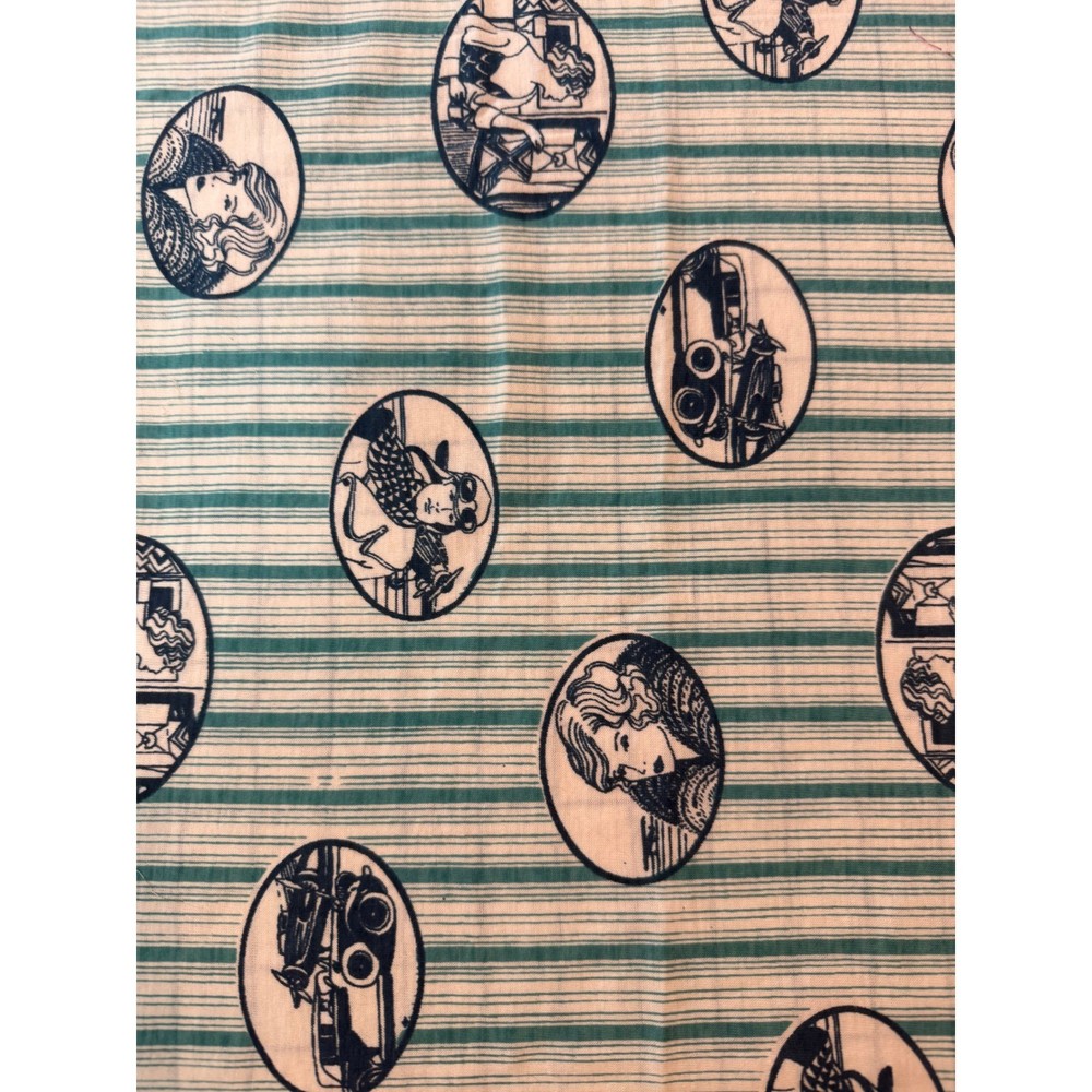 Vintage Flapper Girl Aviation Car Print Fabric Green Stripe 1.5 Yards 36×54