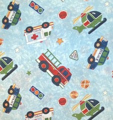 Serve & Protect Emergency Vehicles on Blue Nursery Fabric by Susan Winget, BTHY