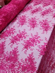 Fuchsia 3d Floral Embroidery Pearls Fabric By The Yard Quinceañera Dress Prom