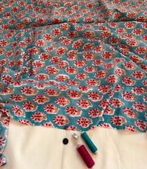 Sky Blue Floral Hand Block Print Cotton Fabric By Yard ,Quilting & Dressmaking