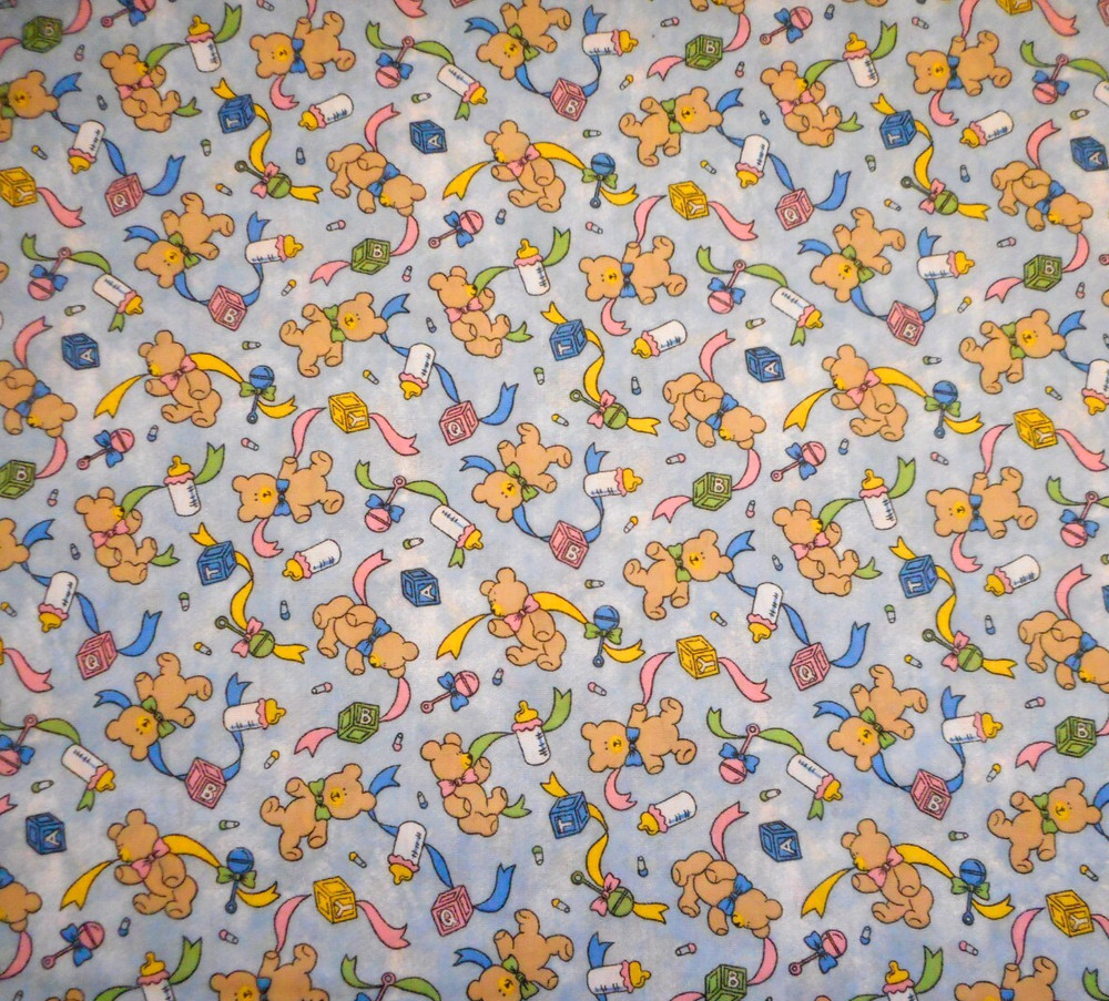 Nursery Fabric By The Half-Yard Bears Block Bottle on Dusty Blue Cotton Baby Vtg