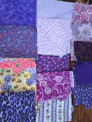 Lot of 17 Fabric Scraps, floral, dots, stripes, animal print, shades of purple