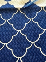 EUC 73”Lx44”W navy/white fish-scale/scallop pattern raised weave uphlstry fabric