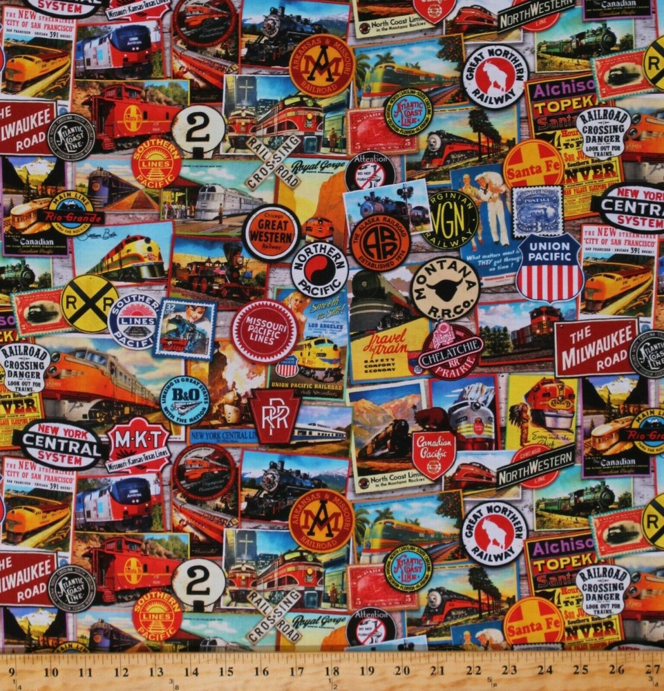 Cotton Railroads Trains Steam Engines Multicolor Fabric Print by Yard D368.41