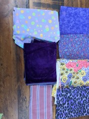 Lot of 17 Fabric Scraps, floral, dots, stripes, animal print, shades of purple