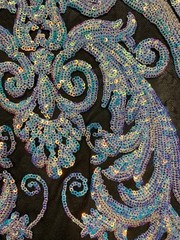 Alaina IRIDESCENT WHITE Curlicue Sequins on BLACK Mesh Lace Fabric by the Yard