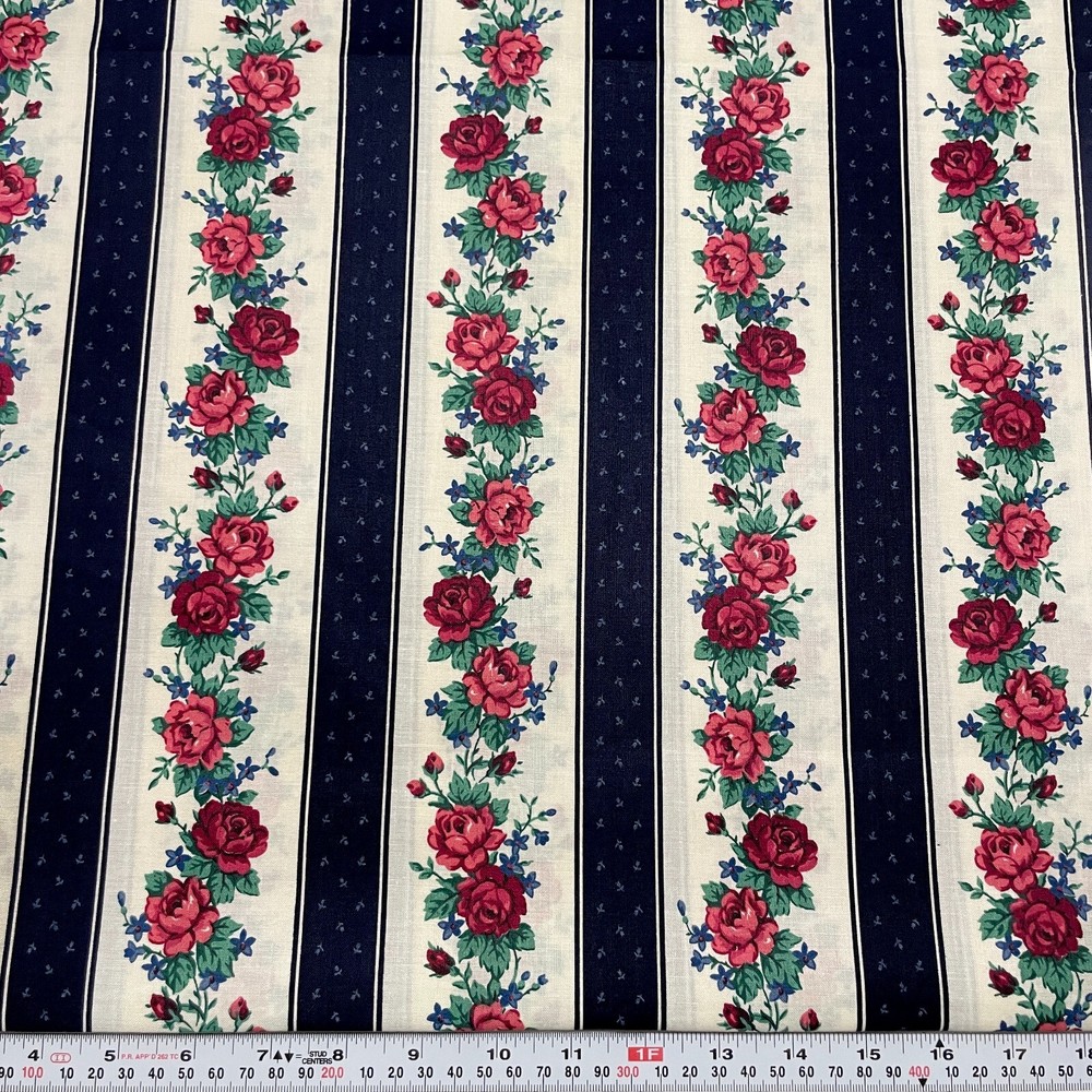 Vintage Cranston Striped Florals Off-White Navy Cotton Fabric BY THE YARD 36×44