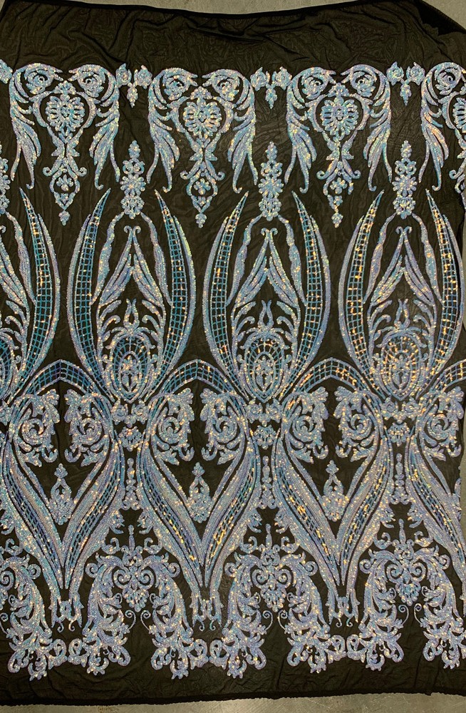 Alaina IRIDESCENT WHITE Curlicue Sequins on BLACK Mesh Lace Fabric by the Yard