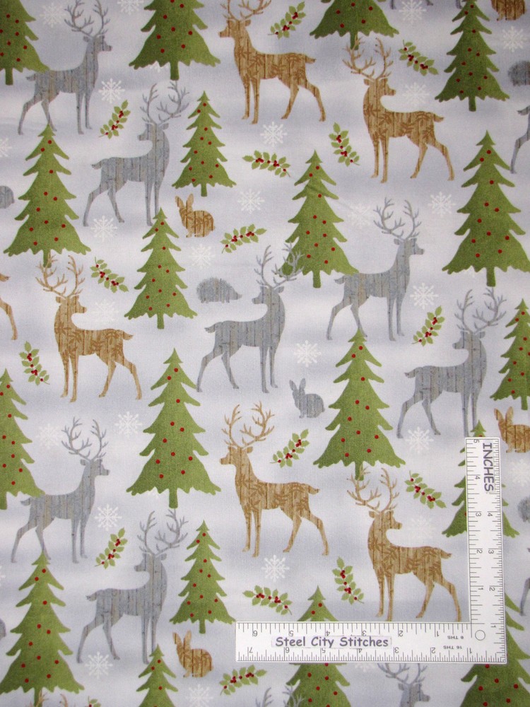 Christmas Reindeer Tree Gray Cotton Fabric Wilmington Holiday Meadow By The Yard