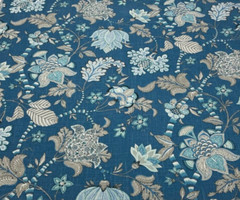 P KAUFMANN BOWEN RESIST BLUE LARGE JACOBEAN FLORAL LINEN FABRIC BY YARD 54″W