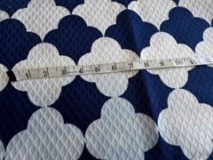 EUC 73”Lx44”W navy/white fish-scale/scallop pattern raised weave uphlstry fabric