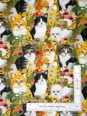 Cat Animal Fabric By The Yard Kittens Daisies Flowers Cotton David Textiles