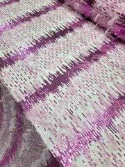“Mesh Fabric with Embroidered Feathers, Sequins, and Pink Lace – Sold by the Yar