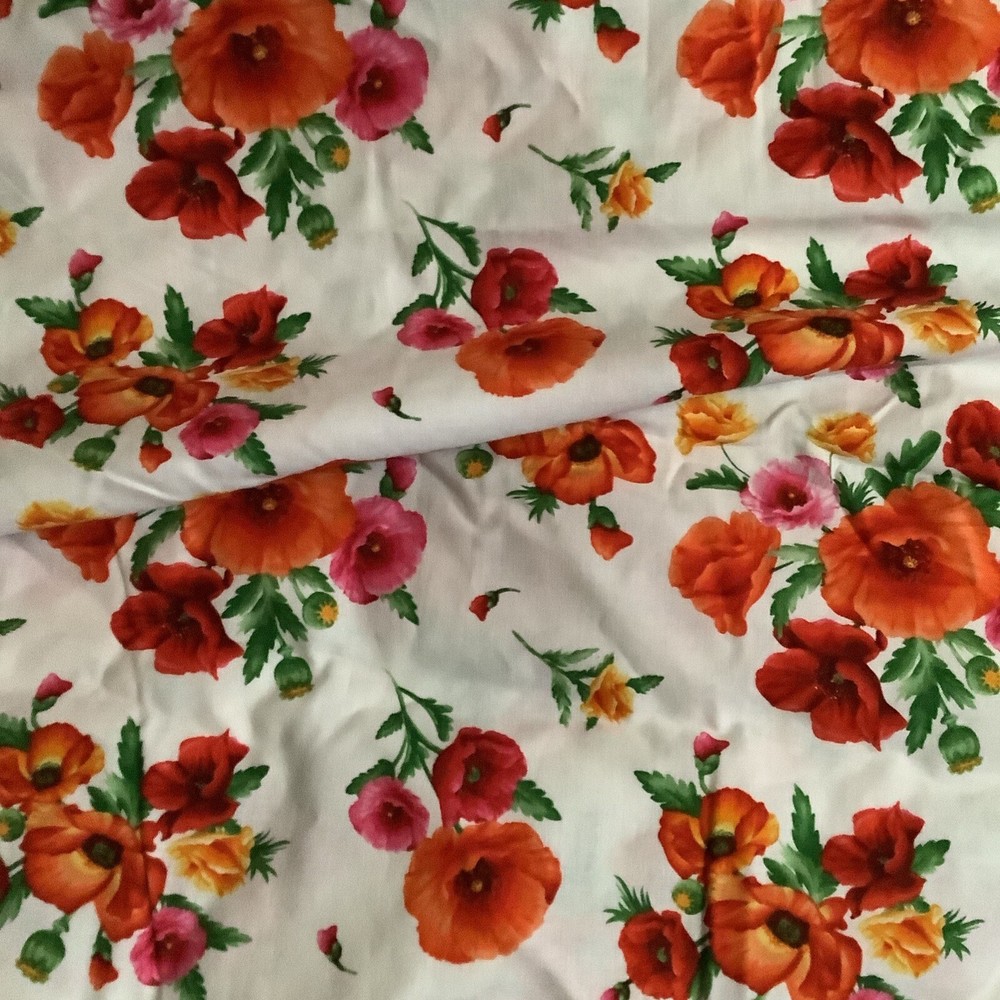 Colorful Scattered Poppies Hi-Fashion Fabrics 28” X 44” Bold Colors On White