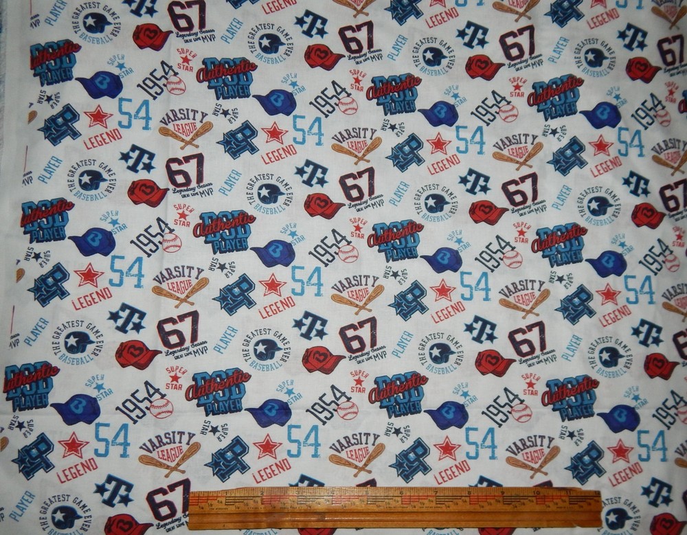 baseball cotton fabric sports ball hat bats BTY MVP white blue red star varsity