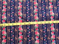 1 yd Cotton Fabric Blue Stripes with Pink & Rose Flowers