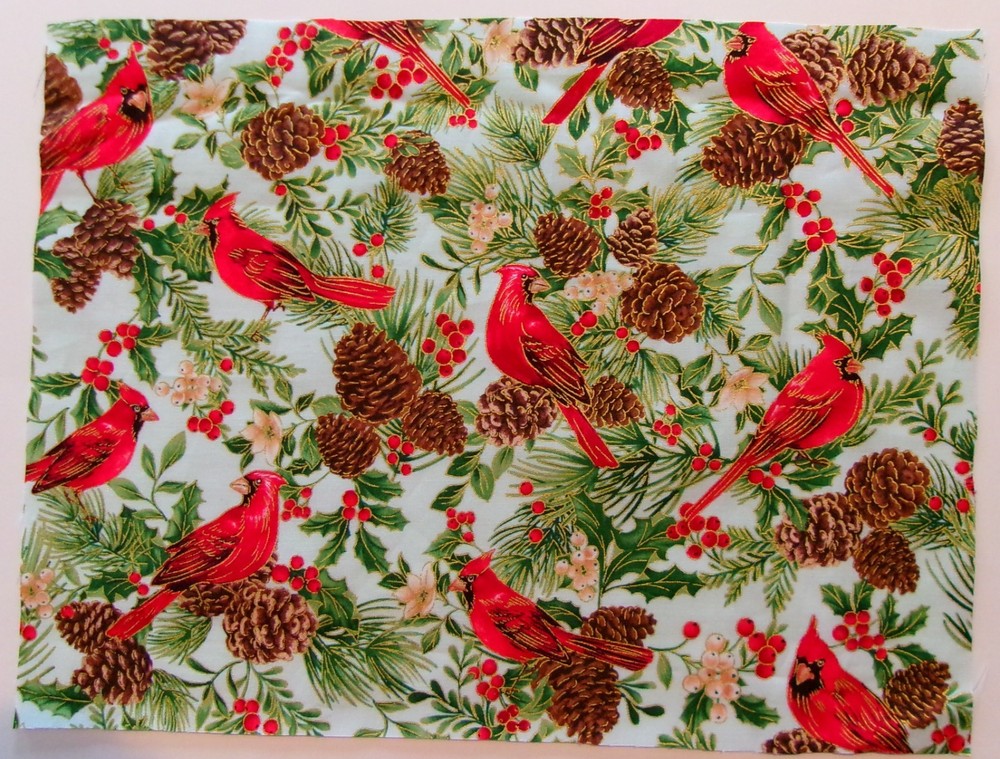 Fabric Cotton Pic D, Cardinals Pinecones Berries Gold HL 10″ H x 13 1/4″ W