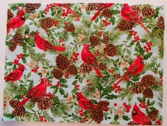 Fabric Cotton Pic D, Cardinals Pinecones Berries Gold HL 10″ H x 13 1/4″ W