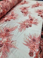 Coral Lace Embroidery 3d Floral Flowers Embroidery Prom Fabric Sold By The Yard