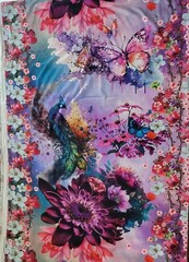 STUNNING Peacocks & Flowers w/ Pinks/Purples on Cotton Jersey Knit – OEKO-TEX