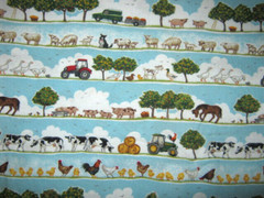 Makover Uk “Farm Stripe Scene” Tractors Cows Pigs Sheep Cotton Fabric 1 1/2Yards
