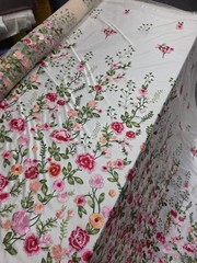 Pink Floral Lace Red Flowers Embroidery On Nude Mesh Fabric Sold By The Yard