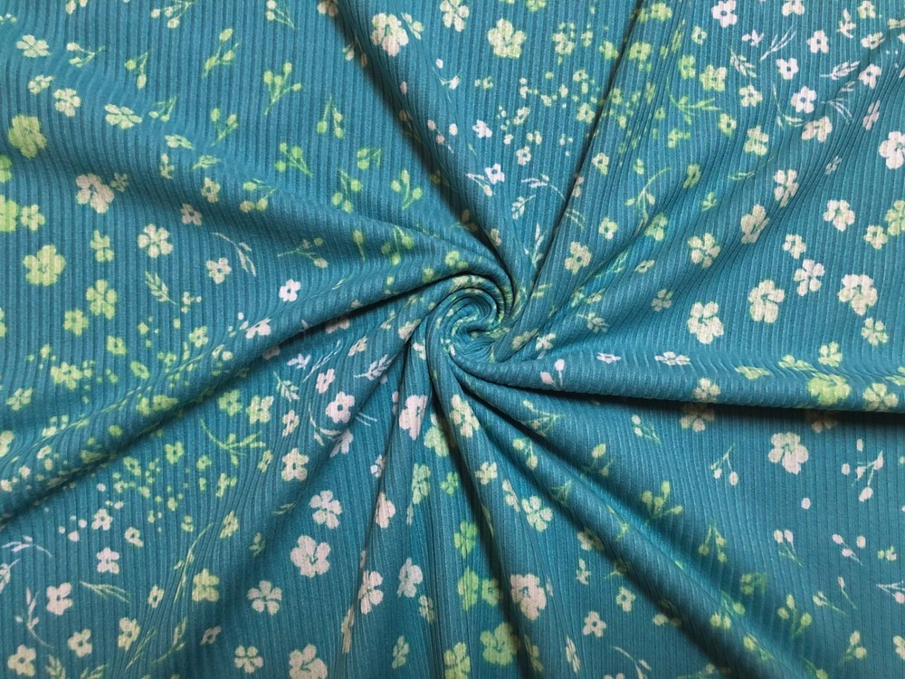 Rib Knit Fabric Persian Green Ditsy Floral Rayon 4 Way Stretch 60″W Yard-RBPR015