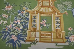 Harmony Grass Asian Pagoda with Blue Coral Floral Print on Green Regal Fabric