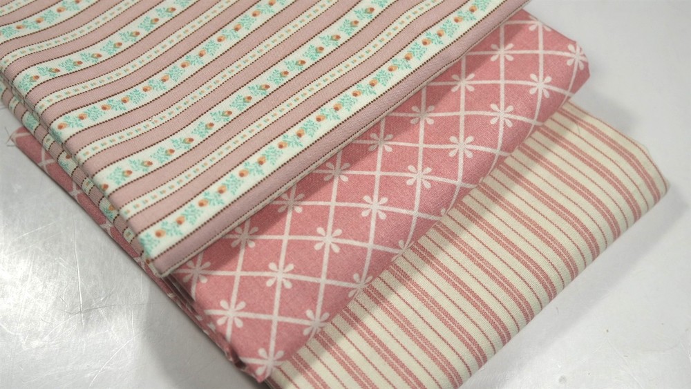 Vintage Primitive Pink Rose Stripe Ticking Lattice Quilt Doll Calico Fabric Lot