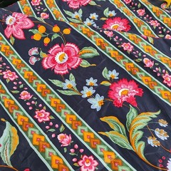 Vintage 1970s Floral Stripe Fabric Pink Flowers Border Print W 58″ Sold 25” L