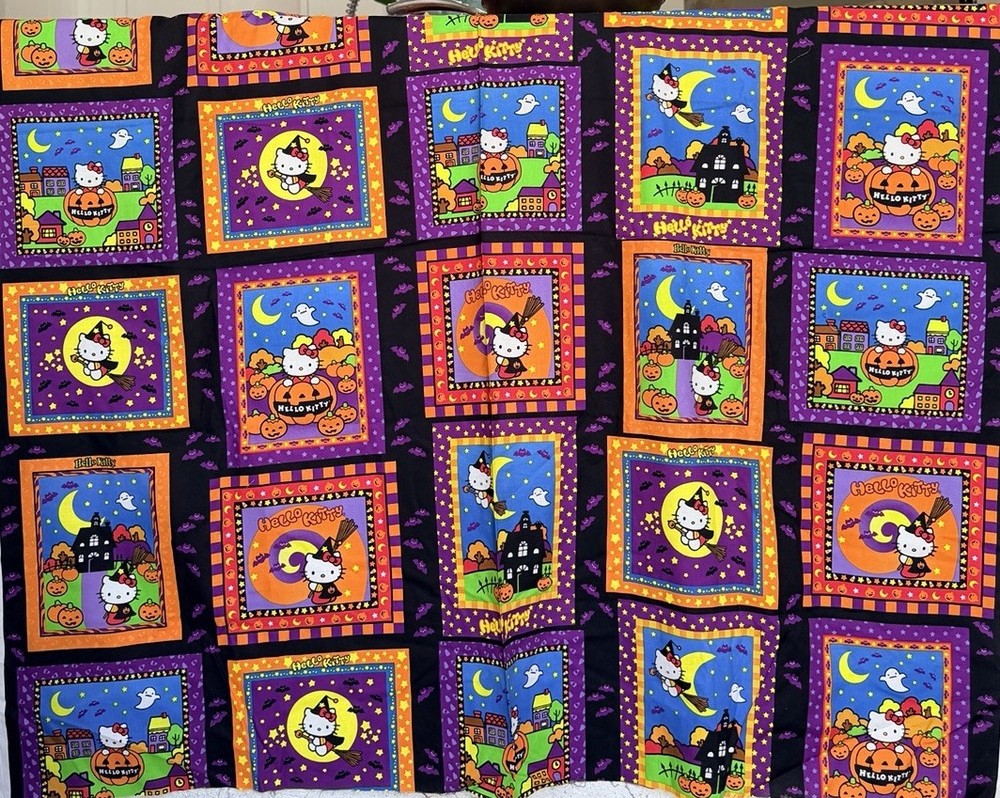 Hello Kitty Halloween Fabric Blocks Scenes Wirch Pumpkin BTY x 43″