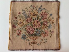 FRENCH TAPESTRY~Floral Embroidered Panel~ANTIQUE VINTAGE~Vase Flower Arrangement