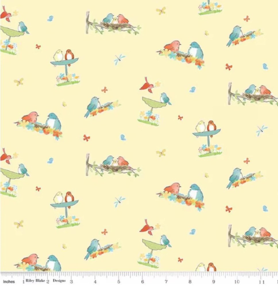 1/4 Yard 9”x42” Riley Blake “Happy At Home” Vignettes Lemon Yellow Birds Cotton