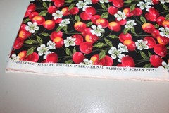 Fabric Cotton 3-1/4 Yds Black with Red Cherries, White Flowers, Green Leaves