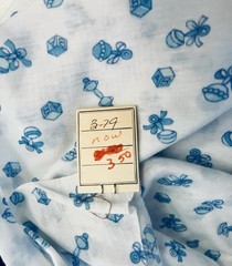VTG Novelty Blue Baby Rattles & Blocks Toys on White Cotton Knit 24″x19″