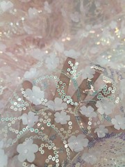 Rose Light Pink 3D embroidery Iridescent Sequins Lace Fabric Sold By The Yard