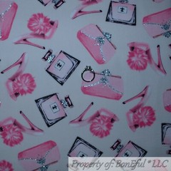 BonEful FABRIC FQ Cotton Quilt Black Pink Diva Girl Flower CROWN Silver Metallic