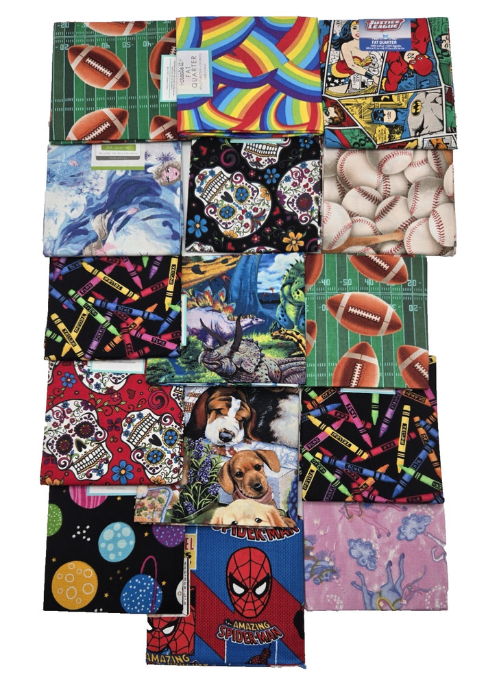 FAT QUARTER Fabric Disney Sports DC Comics Assorted Themes 100% Cotton Lot of 15