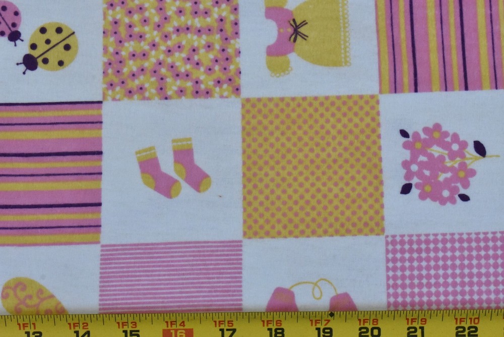 By 1/2 Yd, Pink White & Yellow Baby-Girl Patch on Flannel, Springs, B1624