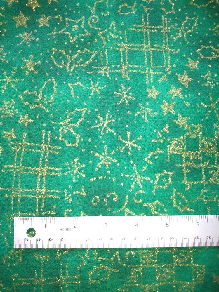 3 yards x 58 inches cotton fabric GOLD CHRISTMAS HOLLY, STARS on green