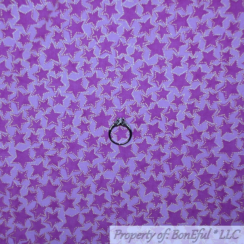 BonEful Fabric FQ Cotton Quilt Purple Star Gold Metallic Tone Tonal US Baby Girl