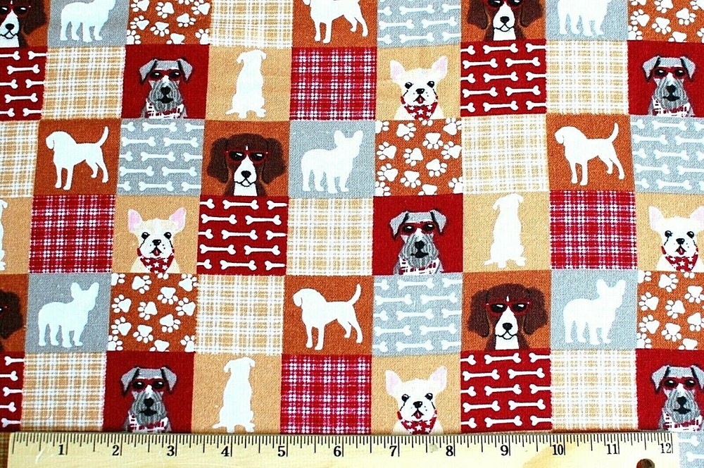 BTY*FACE MASKS* PATCH PUPS/DOGS RED & TAN 100% COTTON FLANNEL FABRIC 42X36″