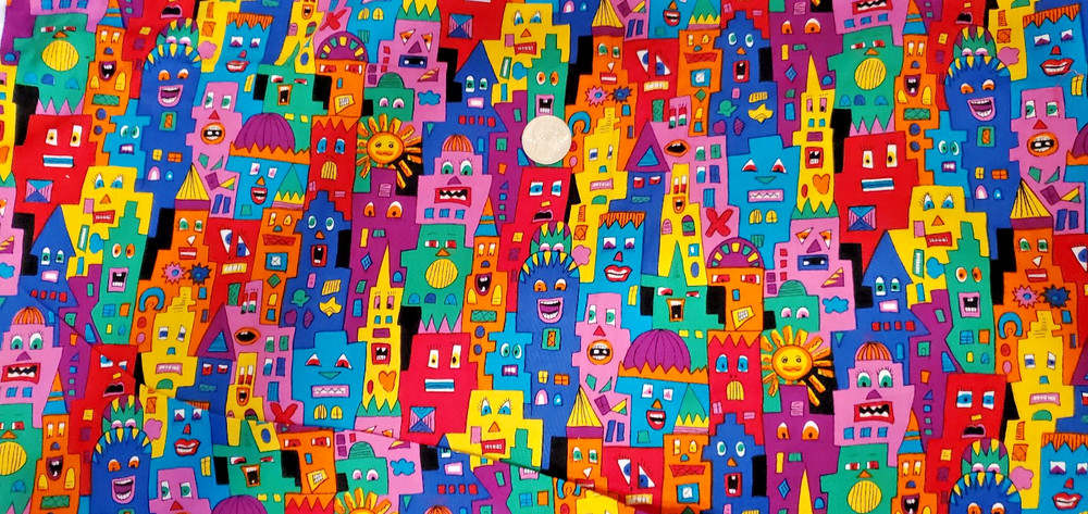 Vintage 1993 James Rizzi Hoffman Fabric Colorful Faces Pop Art Novelty Cotton 1+