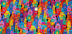 Vintage 1993 James Rizzi Hoffman Fabric Colorful Faces Pop Art Novelty Cotton 1+