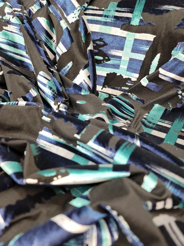 Teal Black Burnt-out Geometric Stretch Velvet Fabric -Sold By The Yard- 60″