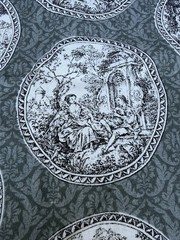Toile Medallion Fabric 45×39 Black Gray Green French Country Lightweight Cotton