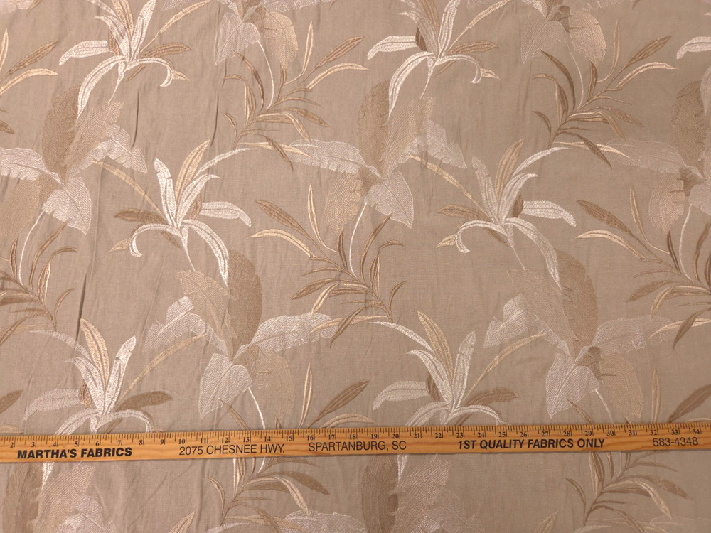 Covington BURBANK LINEN Beige Tan Tropical Plant Embroidery Drapery Fabric