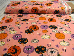 Halloween Cotton Flannel Novelty Fabric Pink w/ Asst’d Design Pumpkins BTY