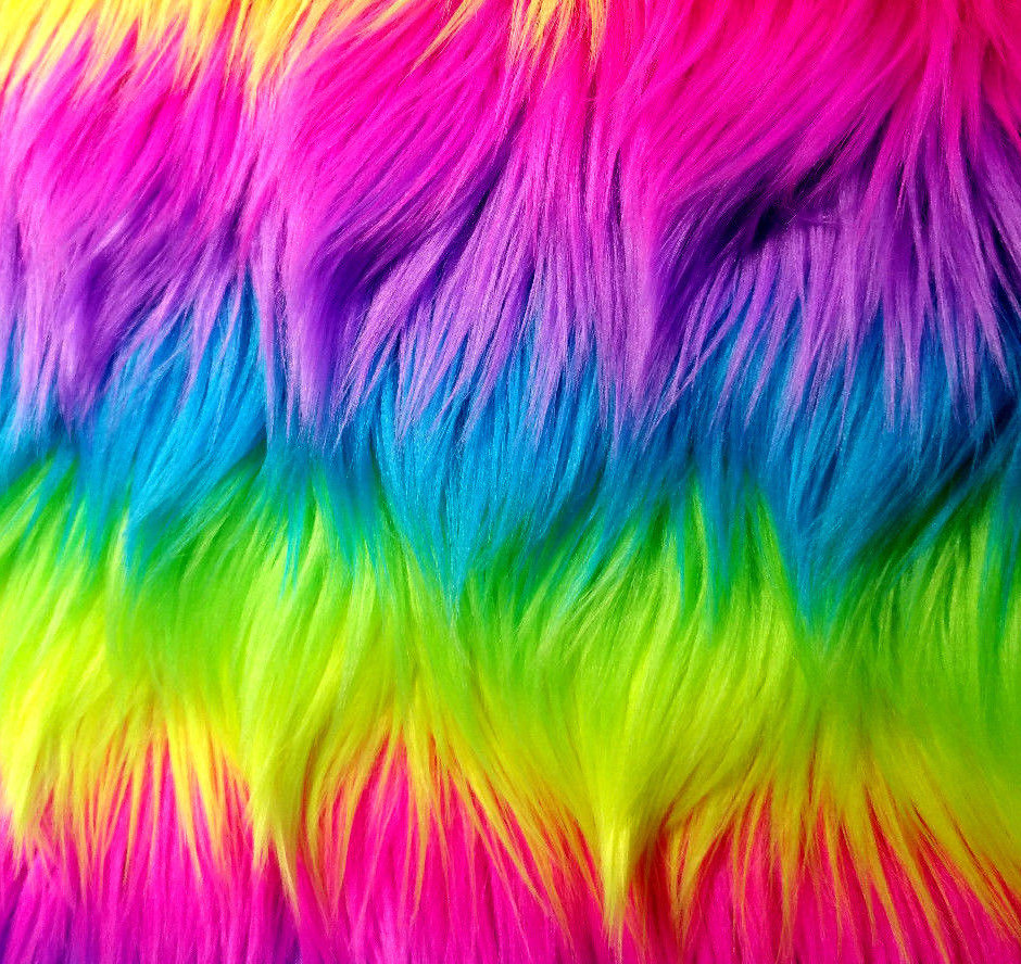 NEON RAINBOW STRIPE SHAGGY FAUX FUR 60″ LONG PILE RAVE VIBRANT STRIPES PURPLE