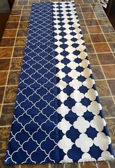 EUC 73”Lx44”W navy/white fish-scale/scallop pattern raised weave uphlstry fabric